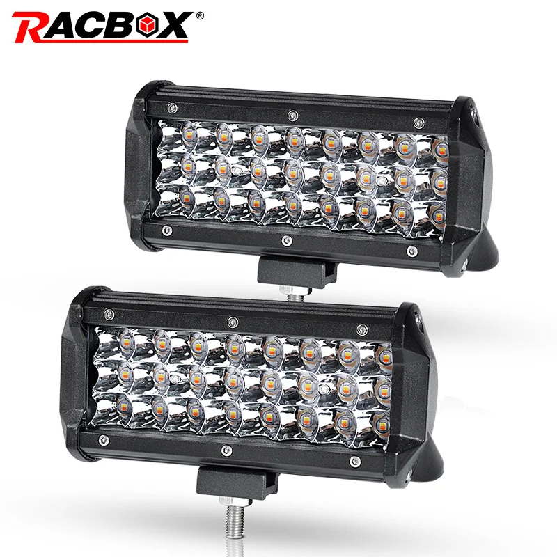 

RACBOX Pair 7 inch 72W Dual Color LED Work Light Bar Wide Flood Beam 12V 24V Off Road Truck ATV SUV Boating 4X4 Driving LED Bar