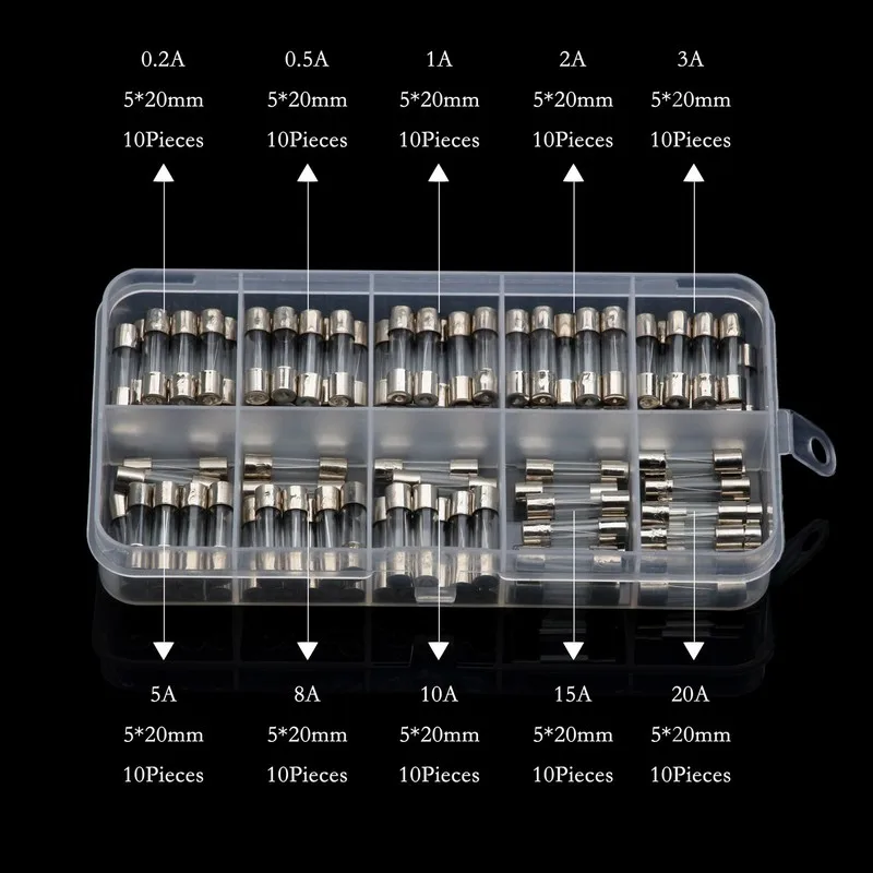 100/72 шт. 5x20 мм 0,2-30A быстродействующие Стекло трубка Предохранителя кабельные наконечники в наборе для 250V быстродействующие Стекло предохранители - Цвет: 100pcs  0.2-20A
