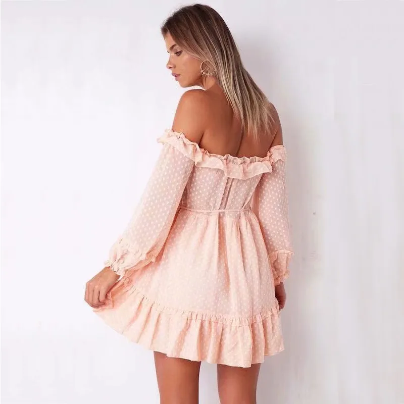 yinlinhe Off Shoulder Summer Dress Long Sleeve Polka Dot Women Dress Backless Sash Slim Waist Elegant Ruffles Vestidos 3