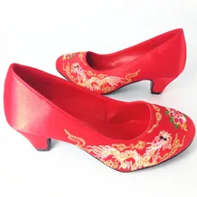 Real Photo Chinese Style Red Wedding Shoes Low Heels Women s Pumps Shoes