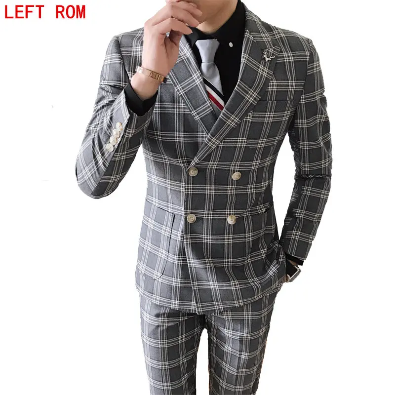 (Jacket+Pants) 2017 High quality Men Suits Fashion grid