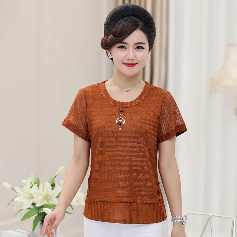 

NIFULLAN Summer Women Knitted T-shirt Top Lace Short Sleeve O-neck Tee Shirts Femme Pullover 5XL Mother Plus Size Clothing