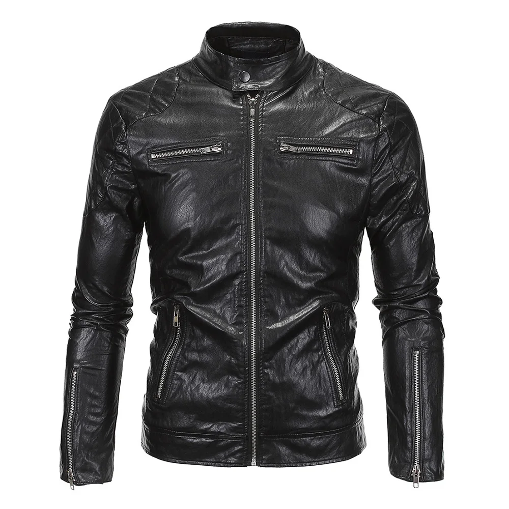 New Retro Motorcycle Jacket Mens PU Leather Slim Fit Thin Classic Biker ...