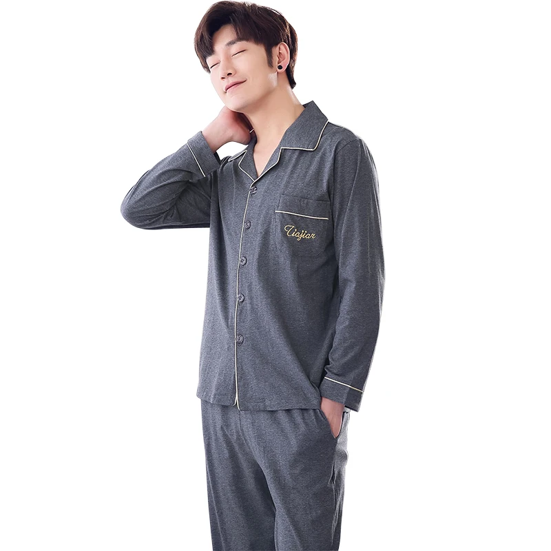 Men Pajamas Spring Cotton Young Fashion Sleepwear Long Sleeve Solid