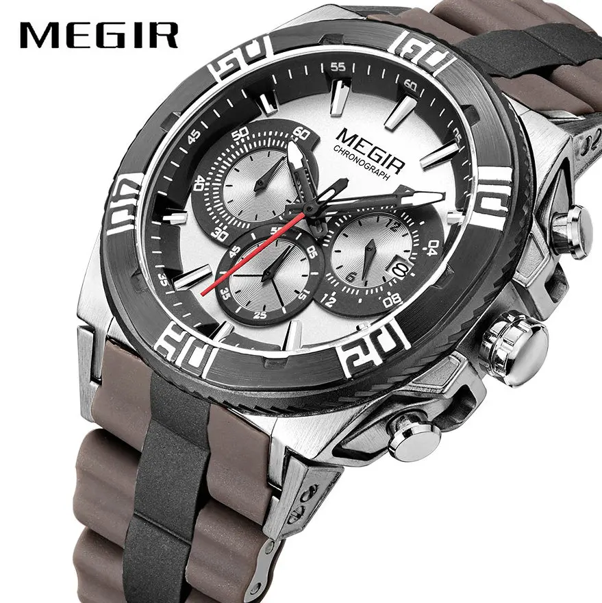 

MEGIR Military Sport Men Watch Quartz Clock Brown Silicon Strap Date Display 3D Dial Multifunctional Waterproof Wristwatch