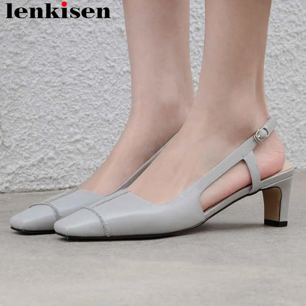 

Lenkisen dress dancer office lady full grain leather buckle strap strange style high heels square toe slingback women shoes L63