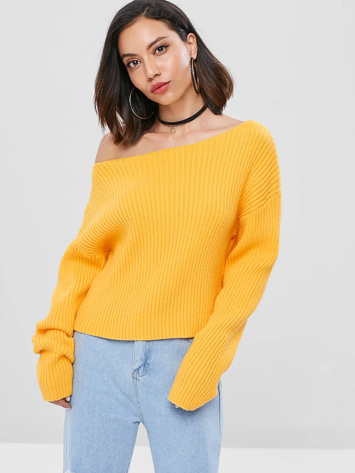ZAFUL Skew Collar Ribbed Pullover Sweater Knit Yellow Sweater Women ...