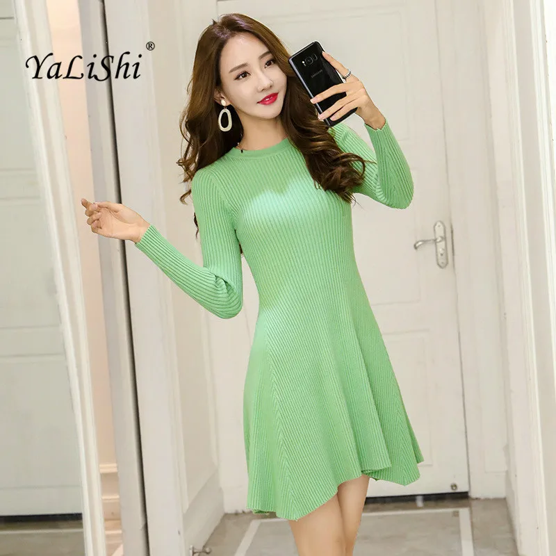 

2018 Plus Size Solid A-line Dress Autumn Women Black Full Sleeve O-neck Korean Casual Knitting Dress Red Mini Dresses Vestidos