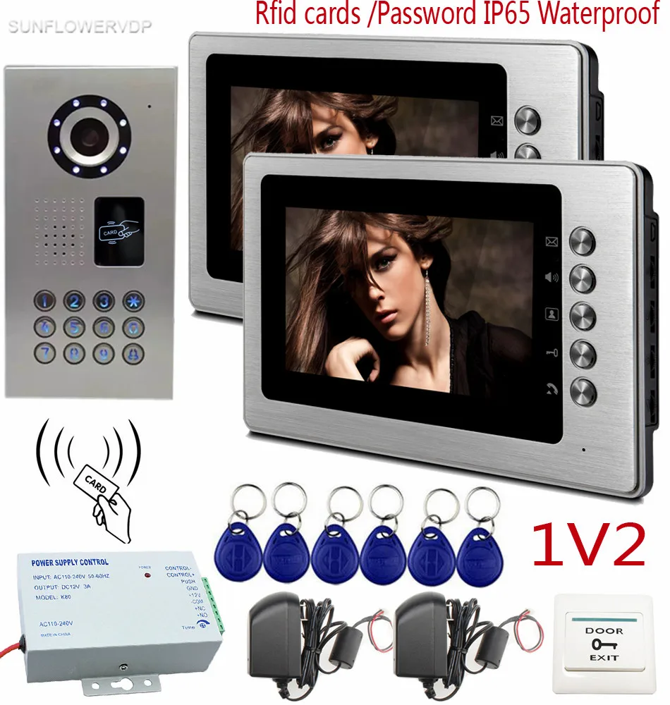 

SUNFLOWERVDP Video Doorphone 2 Monitors IP65 Waterproof Rfid Card/Code CCD 700TVL Camera Video Doorbell Color 7 inch Monitor 1v2