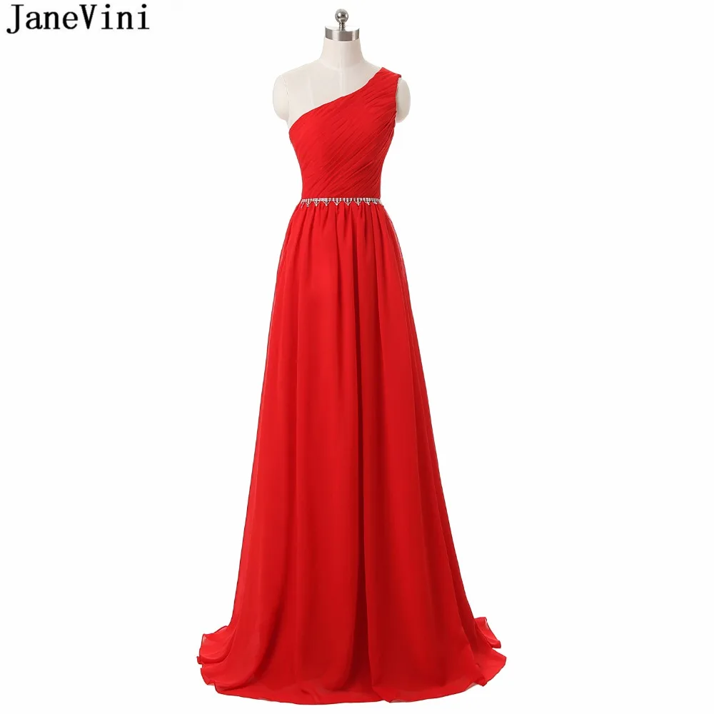 

JaneVini Simple Chiffon Red Bridesmaid Dresses One Shoulder Beaded Sleeveless A Line Elegant Women Long Prom Gowns Floor Length