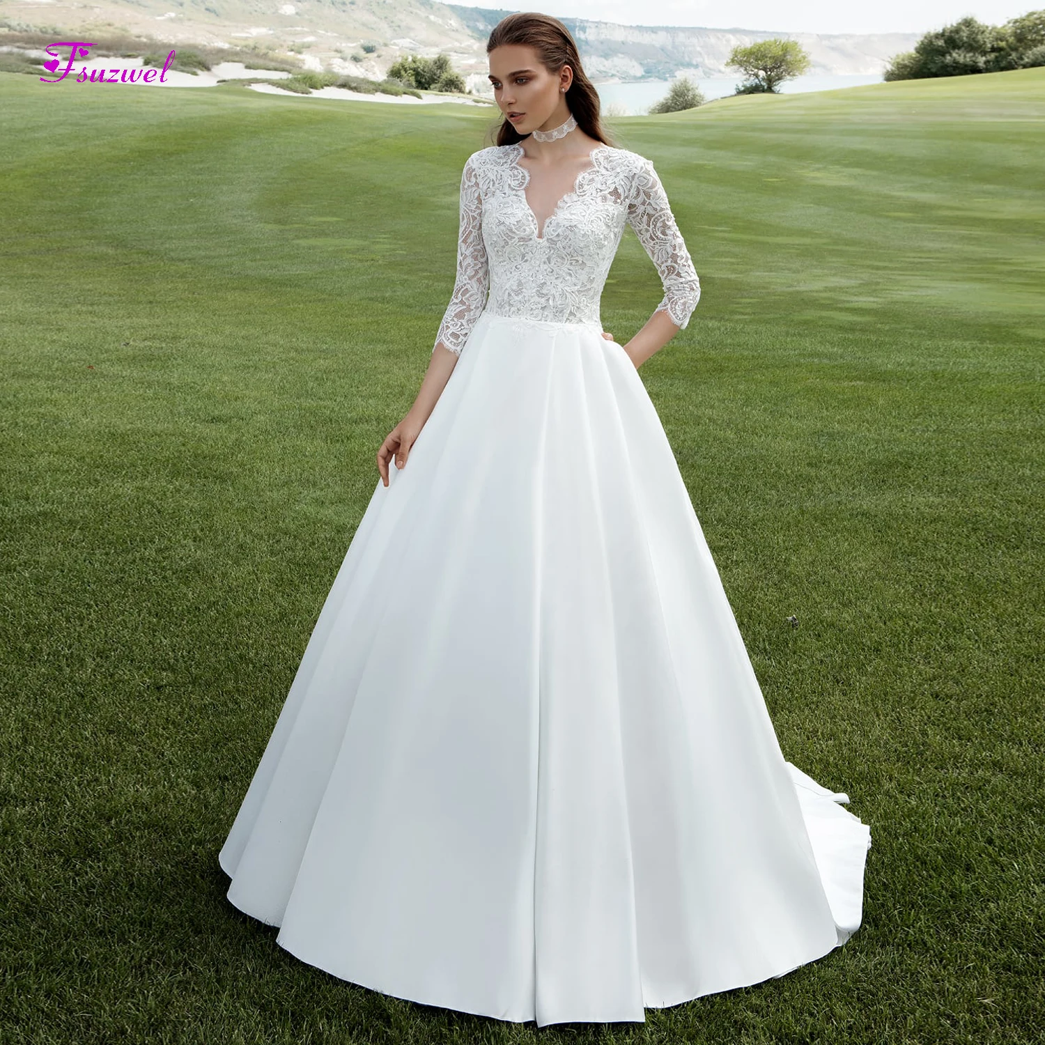 

Fsuzwel Three Quarter Sleeve Lace Appliques A-Line Wedding Dress 2019 Sexy V-Neck Button Satin Sweep Train Bridal Gown Plus Size