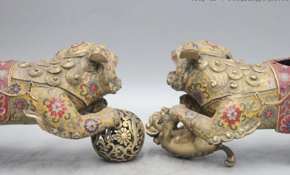 Китайский Бронзовый Медь перегородчатой эмали Foo Dog Лев Kylin Ладан курильница