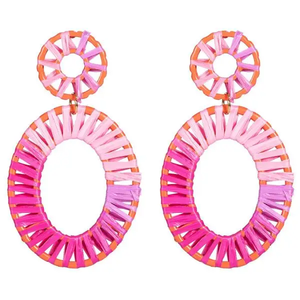 

Fashion Handmade Raffia Hoops Round Circle Big Alloy Earrings Jewelry For Womens