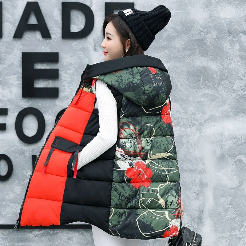 2018 New Casaco Feminino Winter Women Waistcoat With Zipper Cotton Vest Female With Hood With Print Big Pocket Jacket Parka