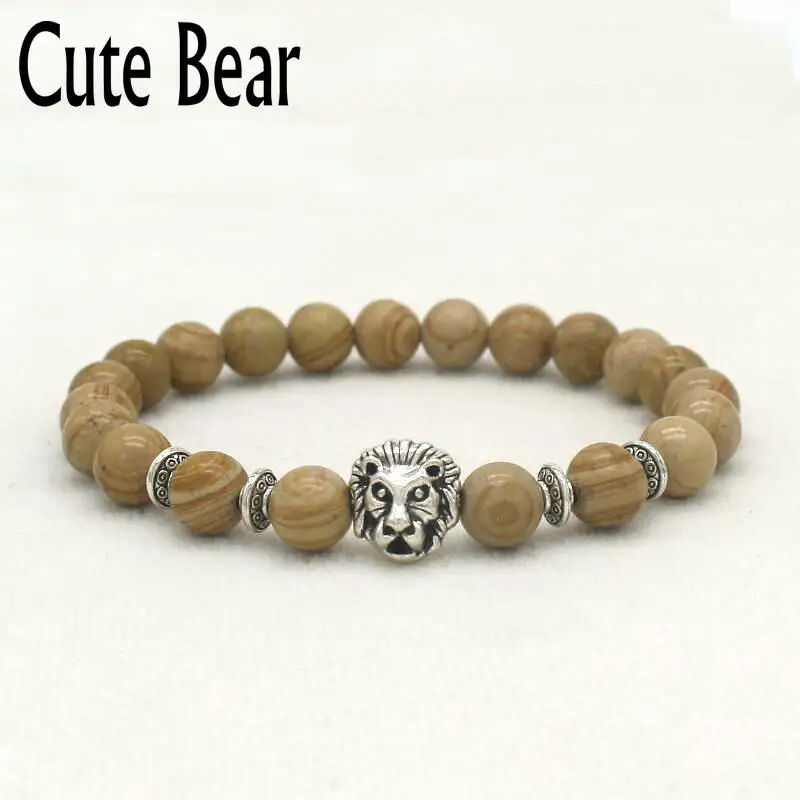 

Antique Silver Lion Head Bracelets Male Natural Onyx Stripe Beads Matte Lava Stone Beaded Bracelet Men Women Jewelry Pulseras