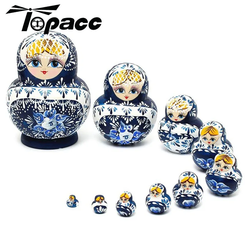 

10Pcs/set Drawing Hand Painted Blue Color Wooden Russian Girl Nesting Dolls Gifts Hand Paint Doll Toys For Children Decoration