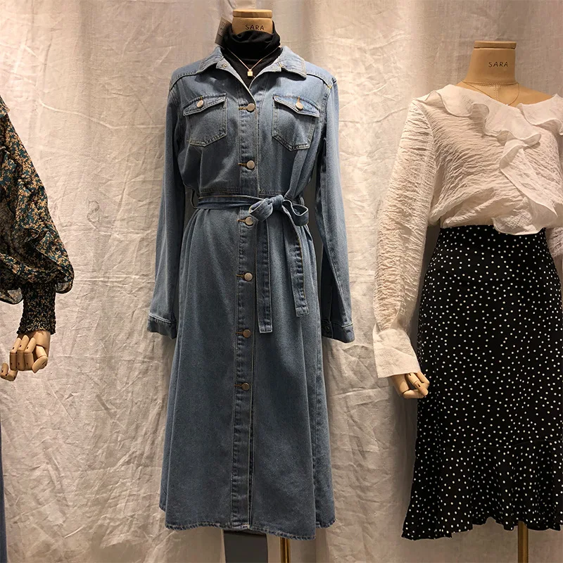 WSYORE Vintage Mid-long Jeans Dress 2019 New Spring and Autumn Women Wild Single-breasted Casual Denim Dress Female NS1042