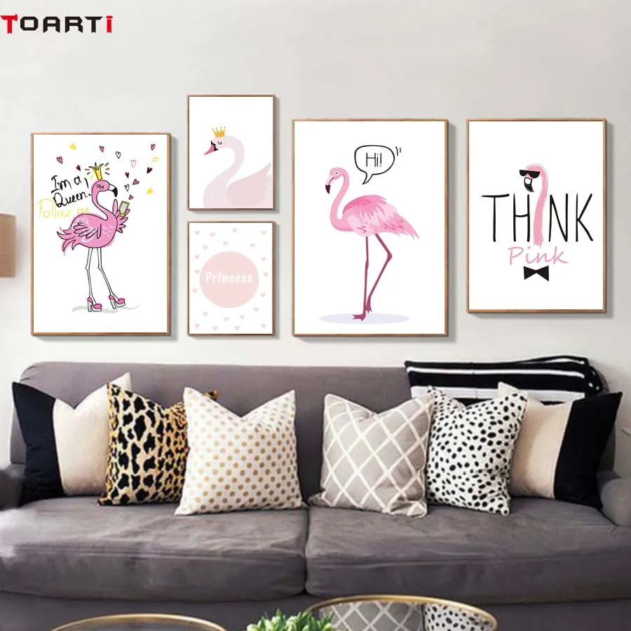Pink Princess Flamigo Swan Cartoon Wall Art Poster Modern Canvas Painting For Nursery Kids Girl Bedroom Home Decor Wall Picture (1)