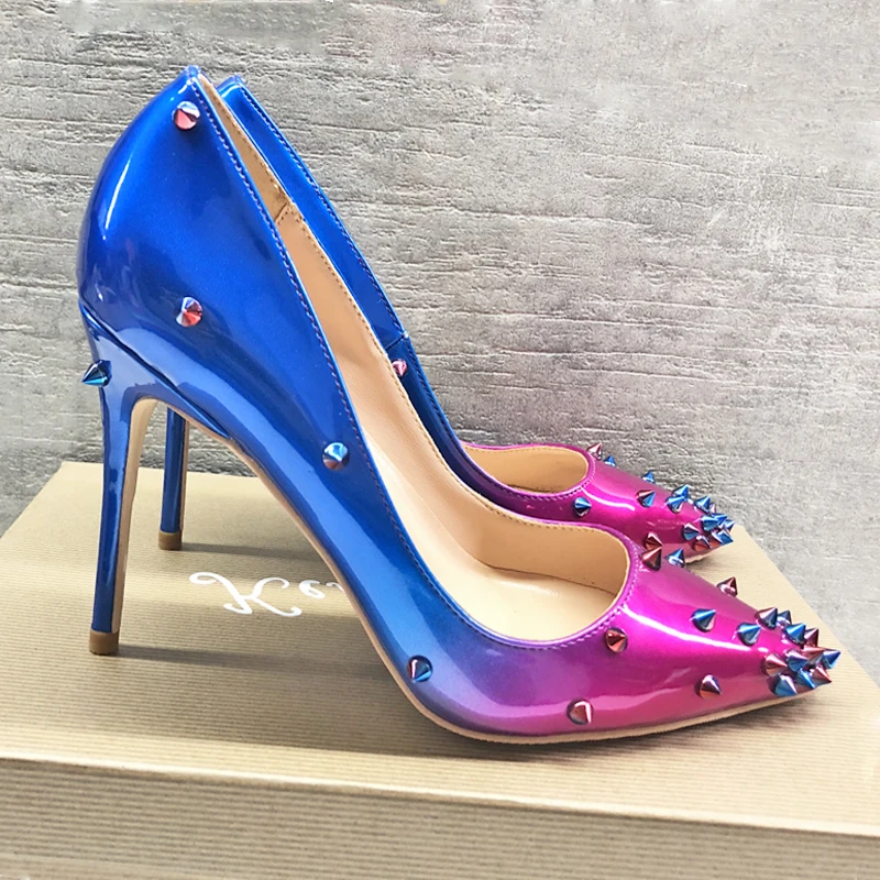 

2019 Fashion free shipping Women lady spikes Gradient Patent Leather Poined Toe Stiletto high heel pump HIGH-HEELED SHOE Wedding