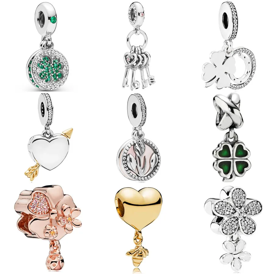 

Authentic 925 Sterling Silver Lucky Four-Leaf Clover Pendant Heart and Bee Charm Bracelet Fit Pandora Bracelet DIY Jewelry