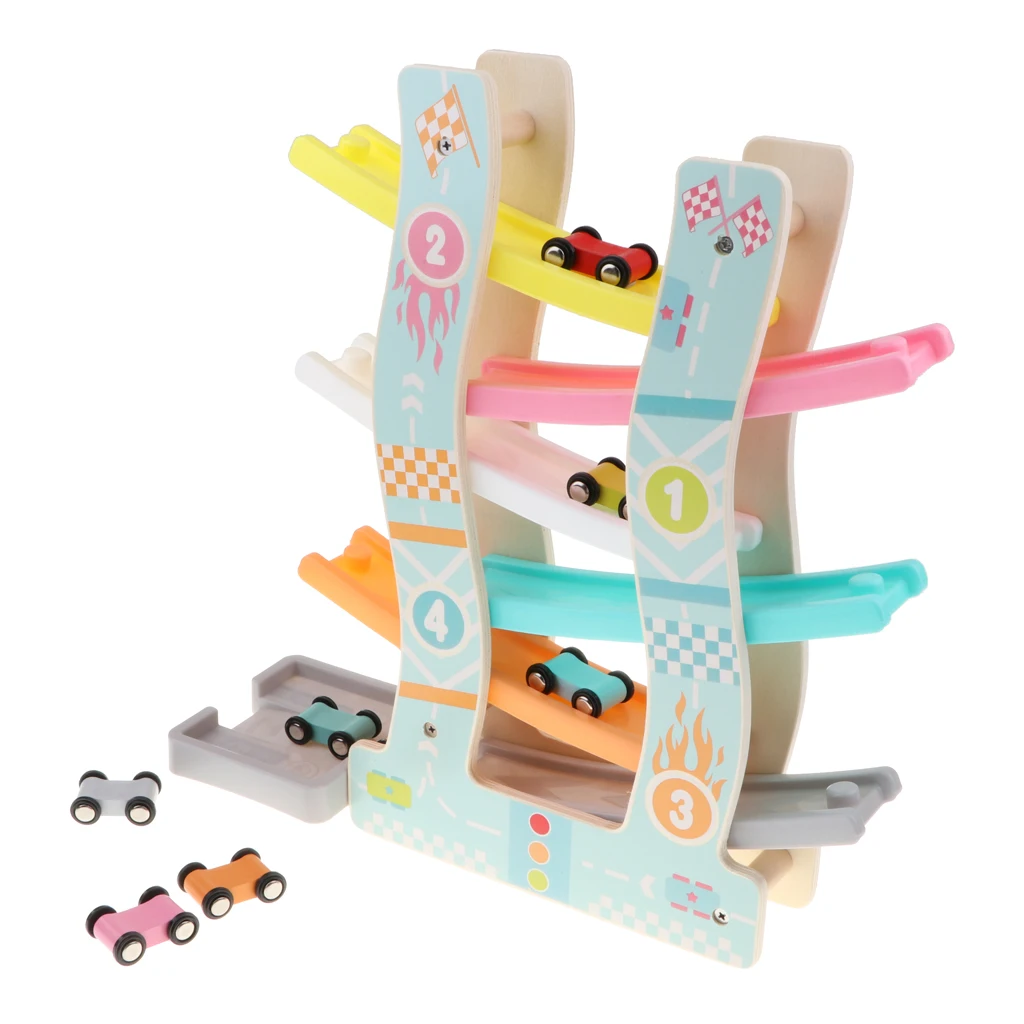 Wooden Slider Click Clack Race Track Playset with 6 Race Cars, Kids Toddlers Preschool Educational Toy, 6 Levels