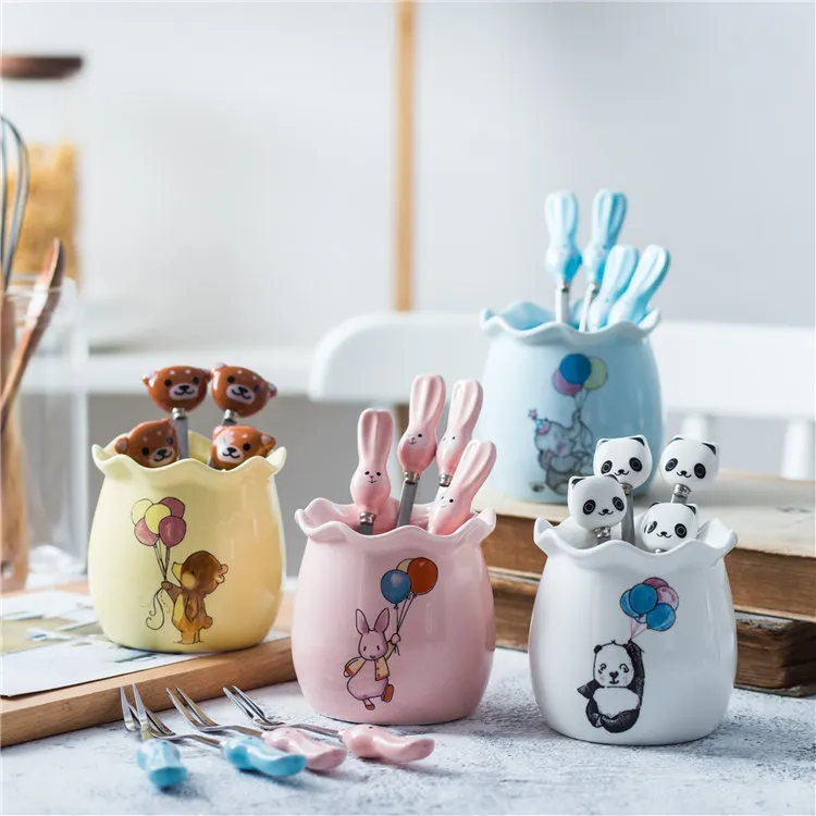 

Creative Cartoon Ceramic Handle Stainless Steel Fork Spoon Set Fruit Forks Dessert Fork Tableware Kitchen Tools