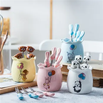 

Creative Cartoon Ceramic Handle Stainless Steel Fork Spoon Set Fruit Forks Dessert Fork Tableware Kitchen Tools