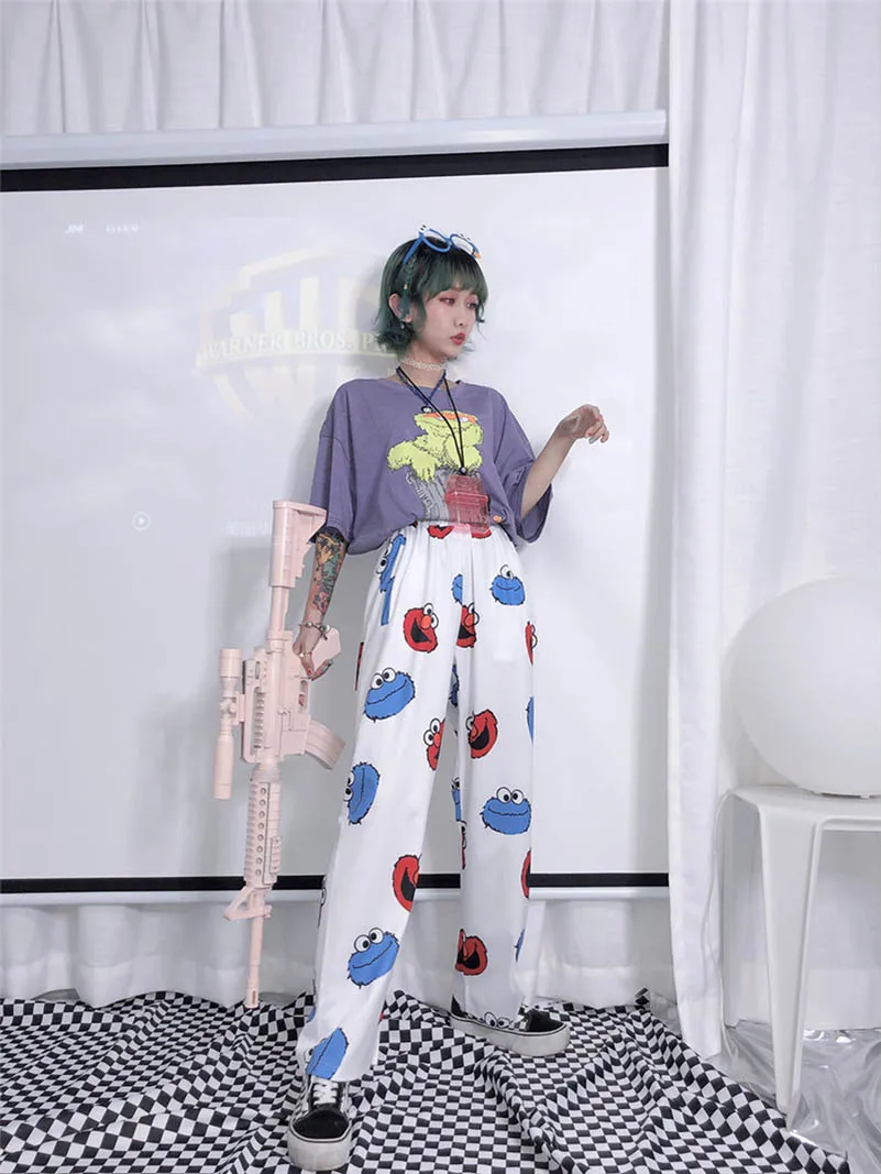 NiceMix Harajuku/Детские милые свободные летние прямые штаны для отдыха и отдыха с принтом героев мультфильмов для девочек штаны в стиле хип-хоп