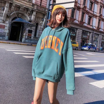 

Women Clothing Loose Female Top Hooded Sweatshirt Large Pocket Letter Long-Sleeved Feminina Casual Hoodie Pullover S081