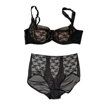 

Plus Size Floral Lace Bowknot Gauze Retro Sexy Plunge Bra Brief 2pcs Set for Female Women Vintage Underwire Lingerie Gift