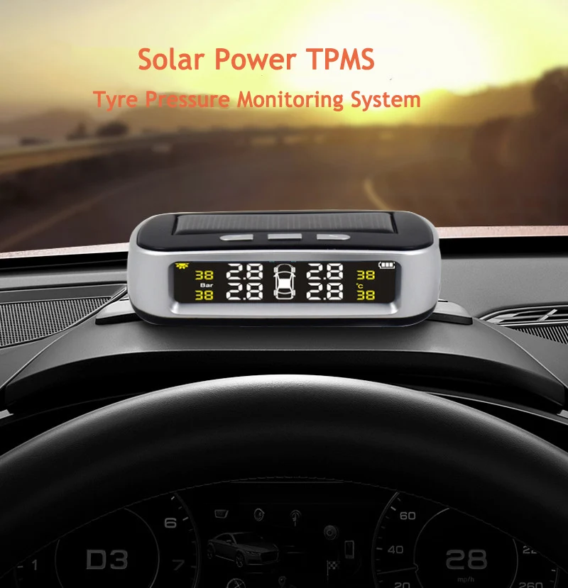 Solar TPMS Car Tire Pressure Alarm Monitor System Display 4 Internal  External Sensor Temperature Warning  6