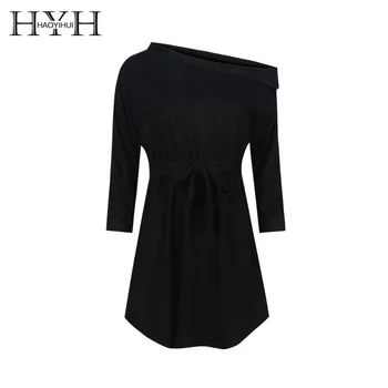 

HYH HAOYIHUI Autumn Women Dress Solid Black Sexy Off Shoulder Dress Three Quarter Sleeve Lace-up Waist Dress Suede Mini Dress