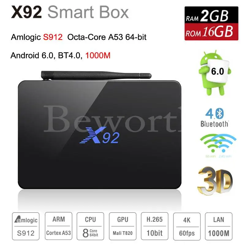  X92 TV Box Android 6.0 2GB 16GB Amlogic S912 Octa Core Smart Mini PC 4K 3D Streaming Media Player KODI Bluetooth PK X96 T95X M8S 