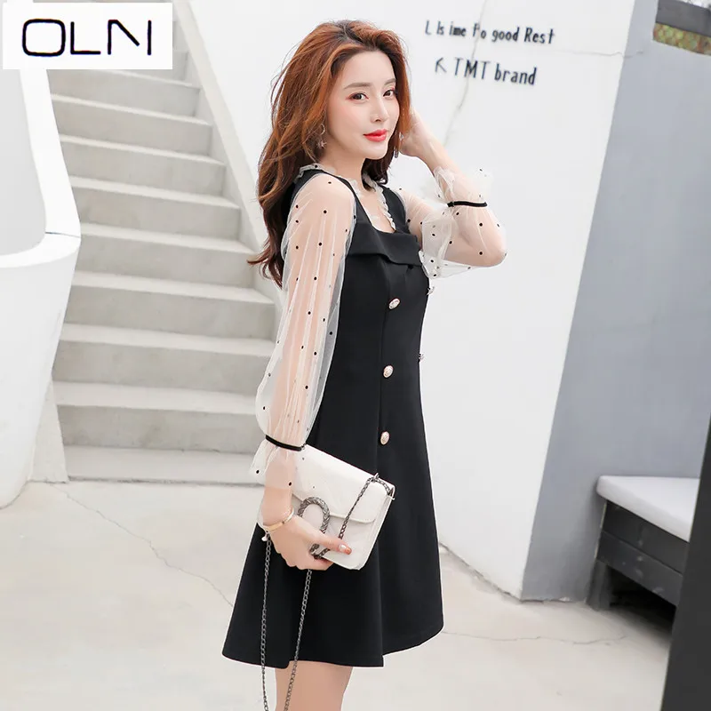 

vestidos new arrival summer OLN 2019 Korean spring new dress beaded sexy slim French black dress