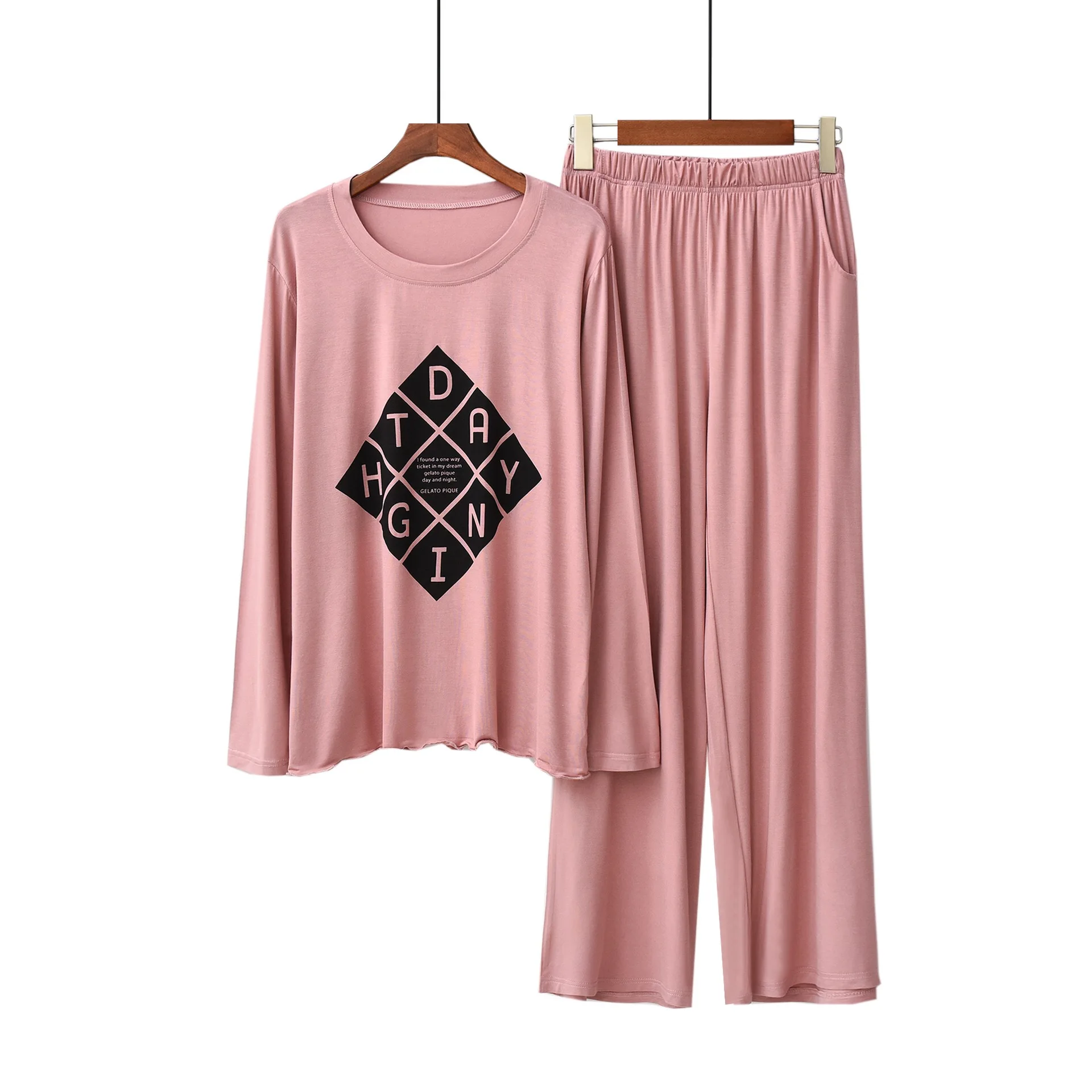 Autumn&Spring Ladies Pajamas Set Simple Style Letter Printed Round Neck Long Sleeve+Pants 2Pcs Comfort Loose Homewear Set