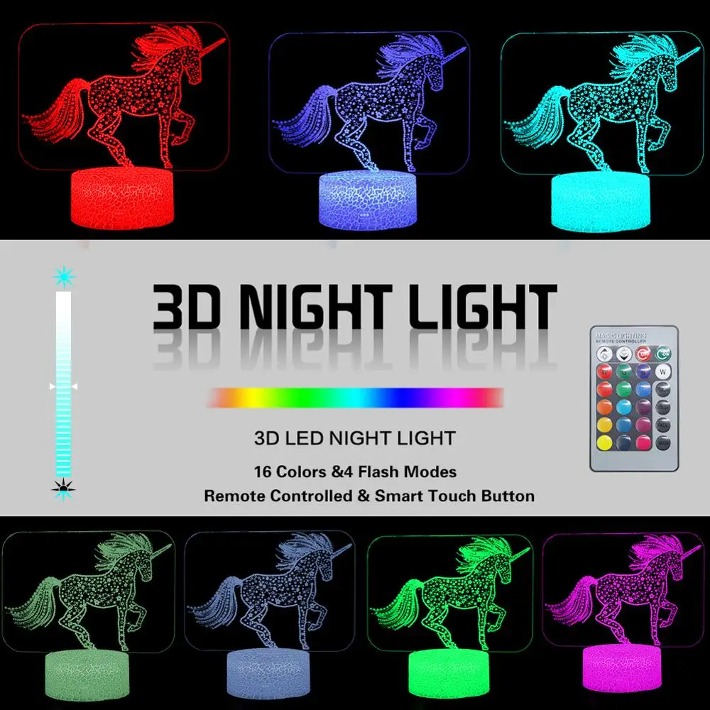 Ночник с 3D единорогом светодиодные лампы оптической иллюзией умная Настольная