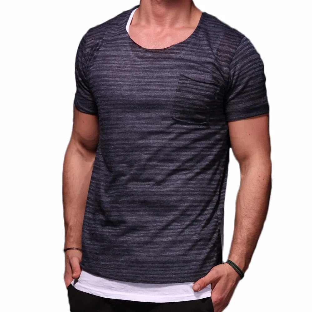 

Summer T Shirts Men Pure Cotton Pocket Breton Top Casual Slim Fit High Quality Brand Clothing