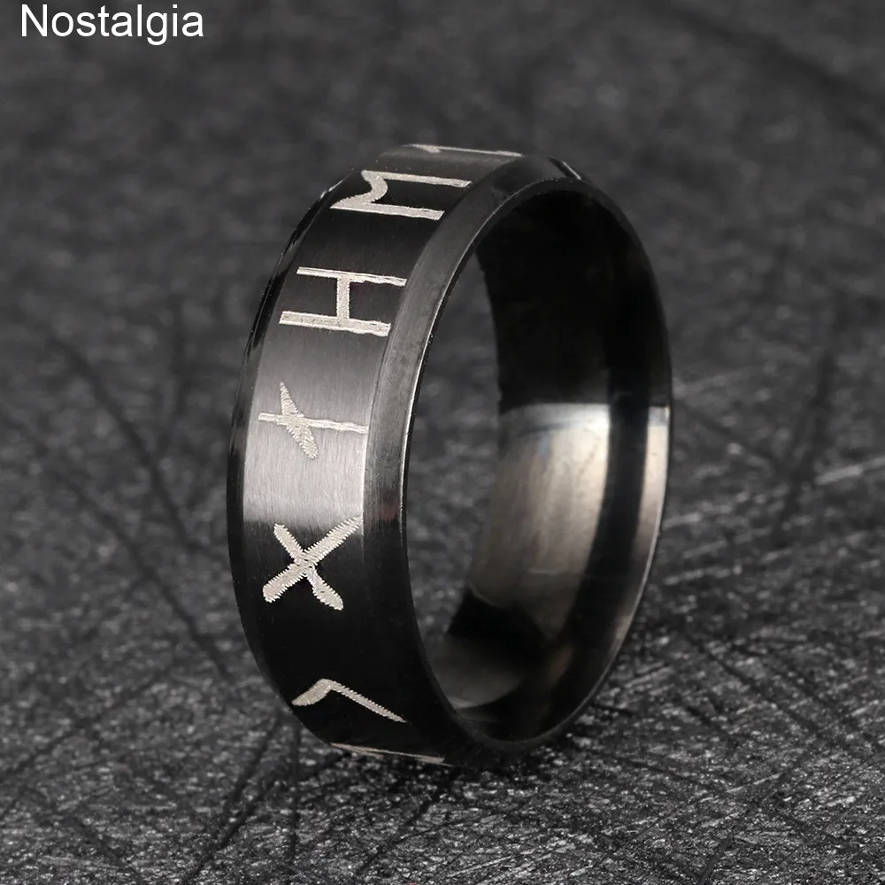 

Nostalgia Stainless Steel Viking Runes Letter Gothique Black Ring Mens Nordic Rune Wicca Vintage Rings For Women 2019