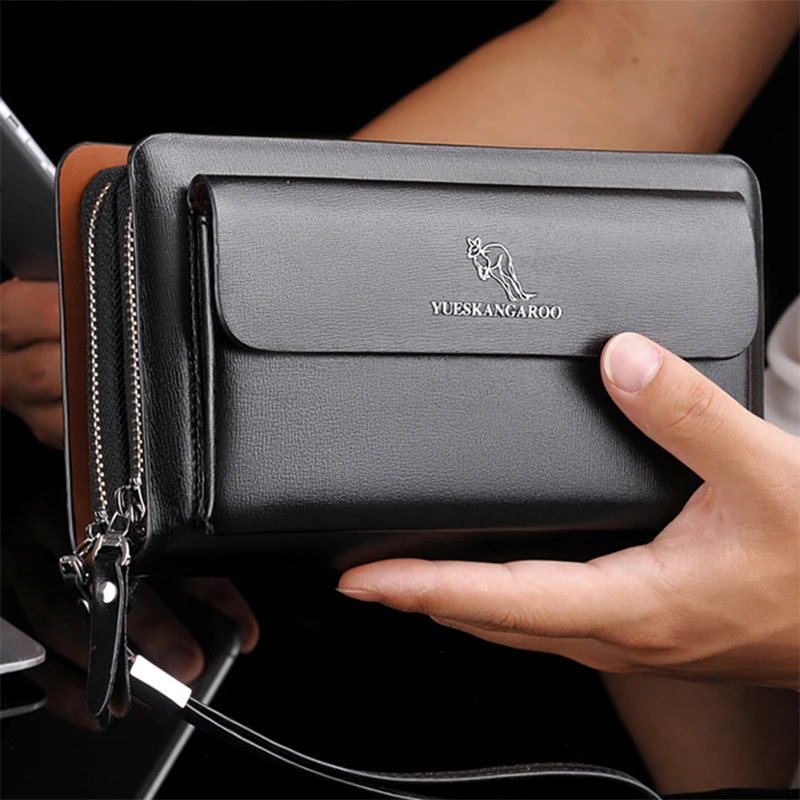 KANGAROO Brand Men Clutch Bag Fashion Leather Long Purse Double Zipper Business Wallet Black Brown Male Casual Handy Bag KANGAROO Brand Men Clutch Bag Fashion Leather Long Purse Double Zipper Business Wallet Black Brown Male Casual Handy Bag