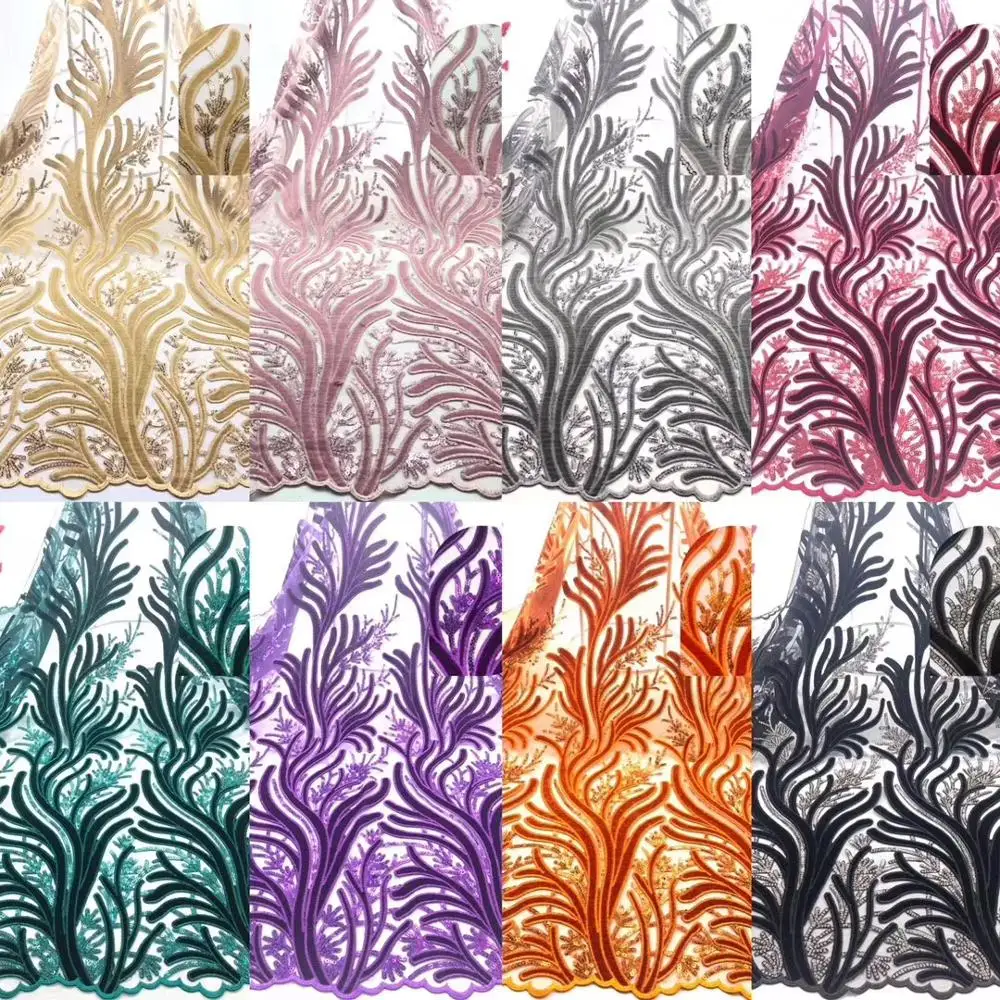 

Hot Sale Velvet Lace Fabric with Sequins Latest Nigerian Guipure Lace Material African Tulle Lace Fabric for Party Dress