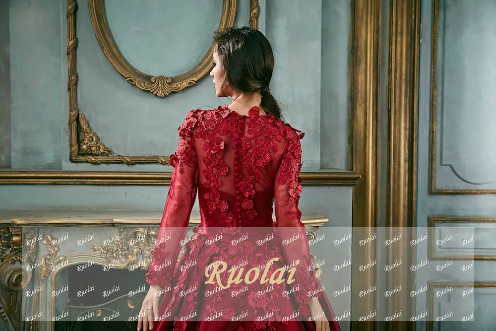 Red Muslim Evening Dress Long 3D Appliques Long Sleeves Ball Gown Arabic Evening Gown for Women Evening Dress