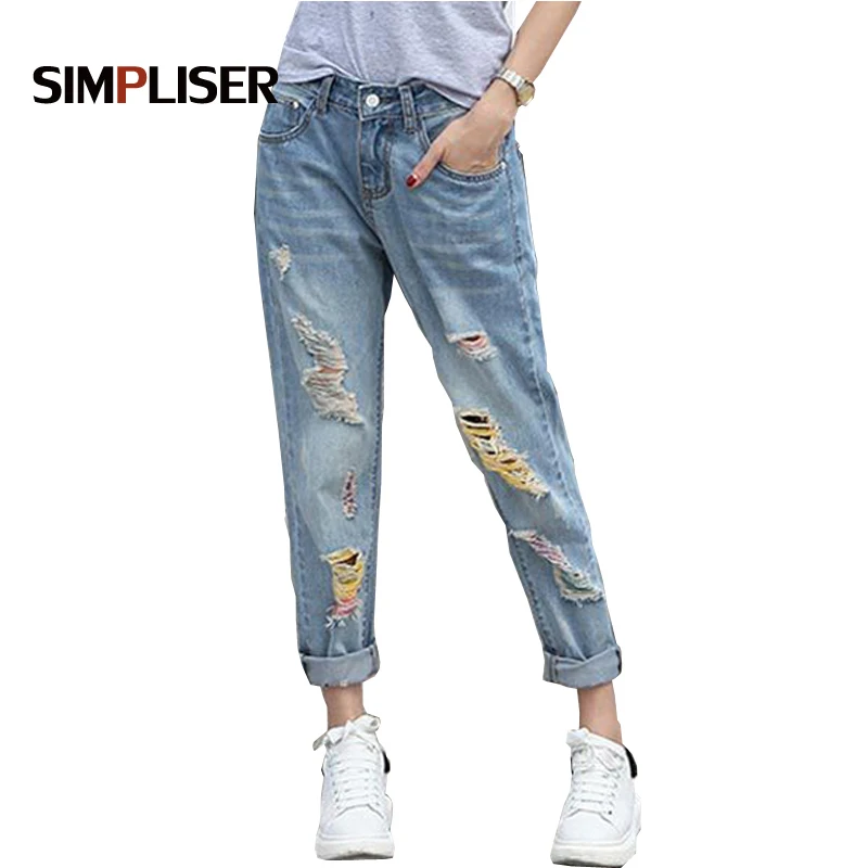 

SIMPLISER Loose Boyfriend Ripped Jeans For Women 2018 Summer Plus Size Light Blue Hole Trouser Femme Denim Mujer Vintage Jeans