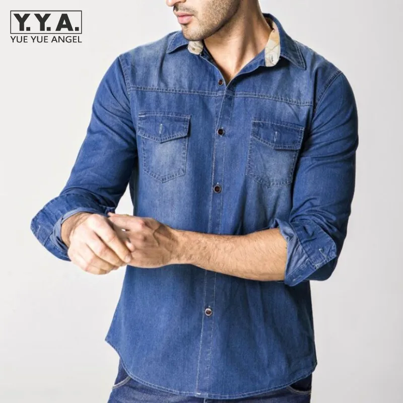 Мужские джинсовые рубашки с длинным рукавом Camisa Masculina джинсовый, синие джинсы рубашка повседневное ретро промывают блузки для малышек Chemise