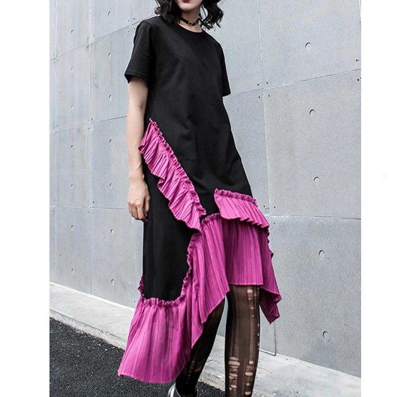 

2019 spring summer women's new loose thin over the knee long dress wooden ear stitching irregular ruffled fishtail dress female