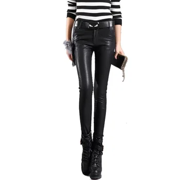 

ACRMRAC Women New style winter PU Pure color Slim Thicken High waist Skinny Full Length Pants Casual Pencil pants
