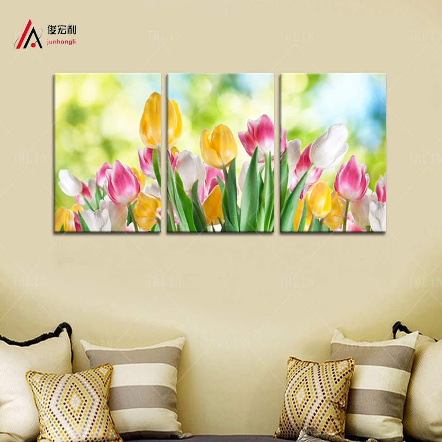 3 Modular Pictures for Living Room Tulip Flowers Wall Decor Kitchen Art