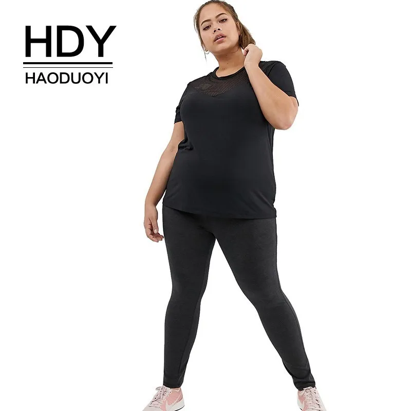

HDY Haoduoyi 2019 New Fashion Hot Sale Plus Size Simple Commuter Curve Mesh Detail Loose Casual Fit SolidWomens T-Shirts
