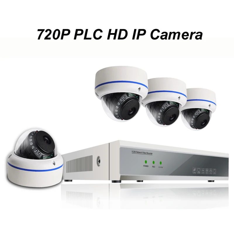 

4pcs of 720P PLC HD IP Dome Camera with 1080P NVR Kit with Power Line Communication Module Built-in Reach 300m Power Supply