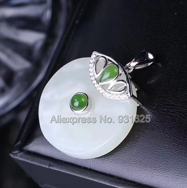 

925 silver Natural White Green HeTian Yu Handmade Round Design Style Lucky Pendant Necklace + certificate Fashion Jewelry