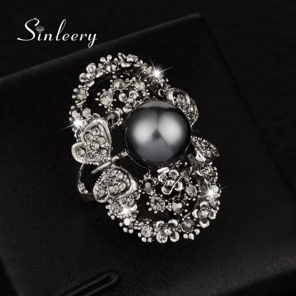 Download SINLEERY Vintage Big Gray Simulated Pearl Rings Antique Silver Color Gray Crystal Hollow Flower ...